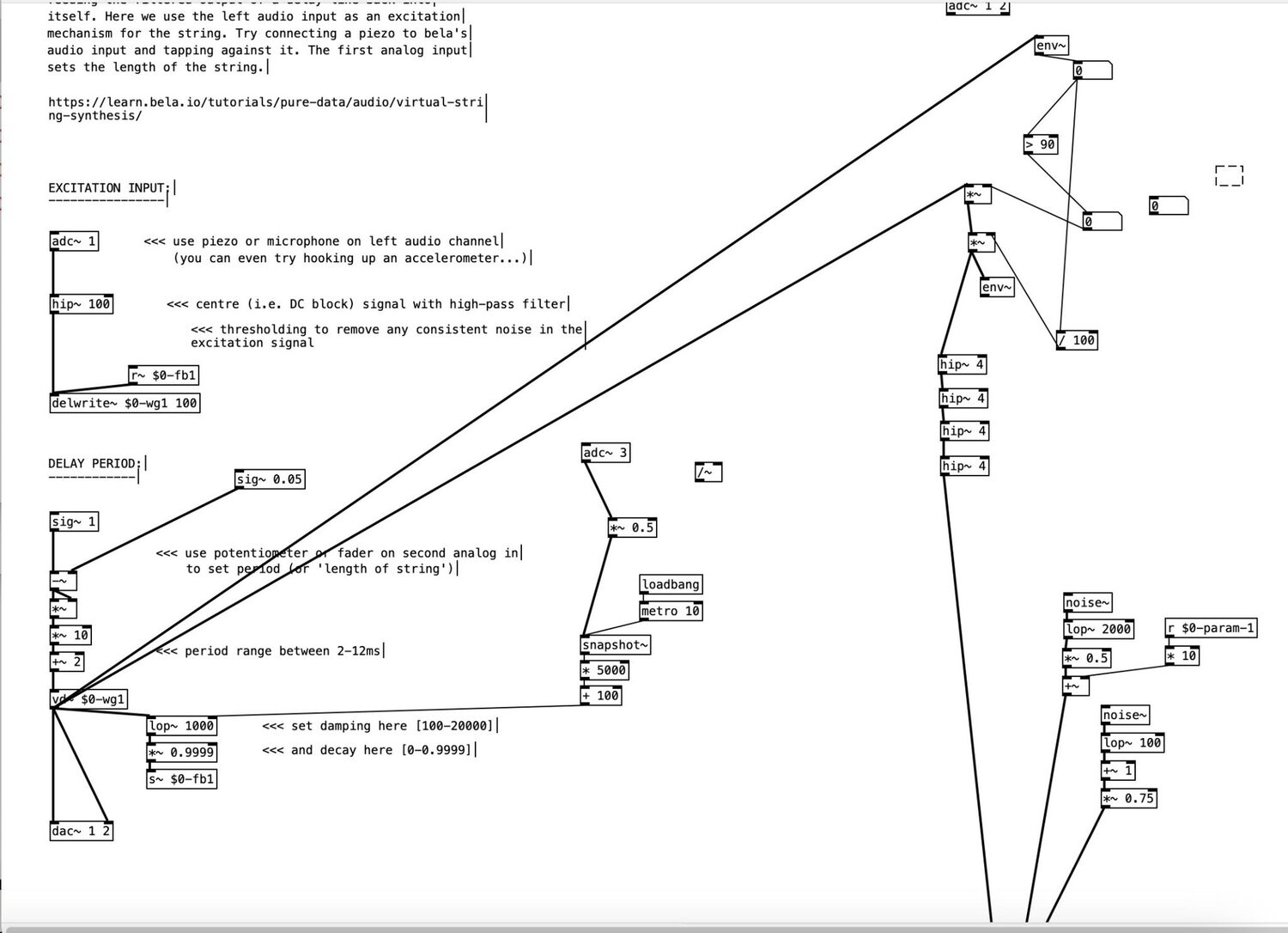 Pure Data patch wiring a piezo-excited virtual string synthesis for the drum