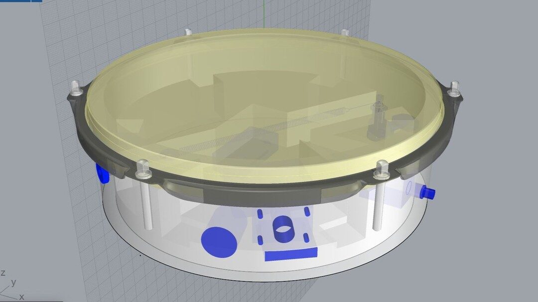 Rhino CAD render of the drum with translucent shell revealing internal pickup and spring