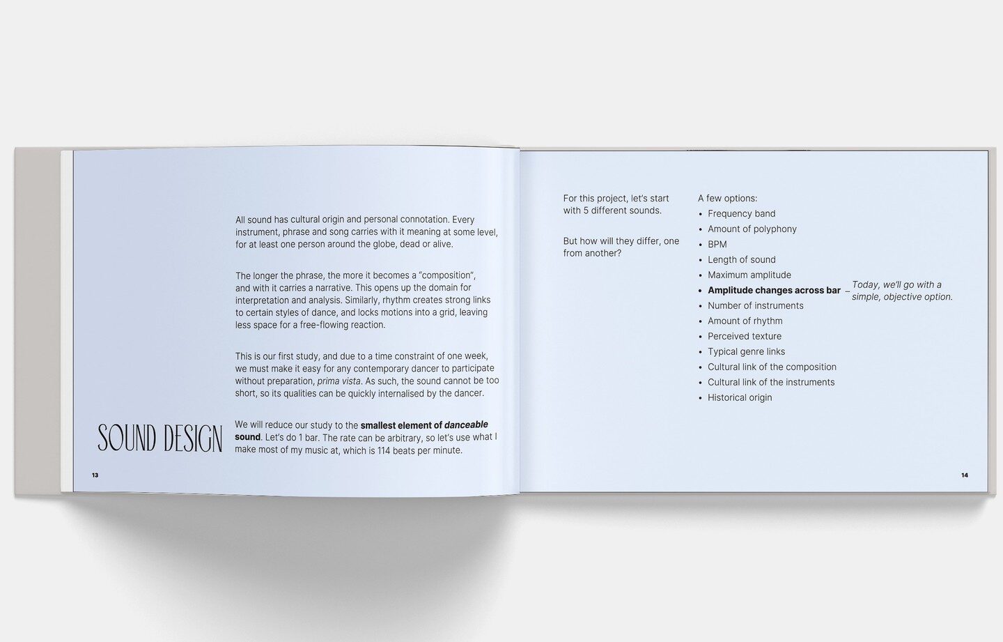 Sound Design spread: essay on danceable sound plus a bulleted list of sound parameters