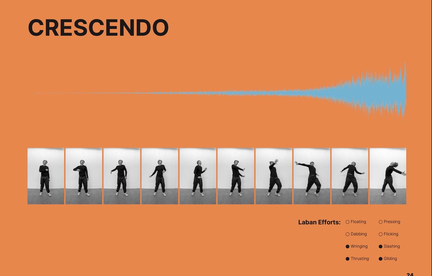 Full-bleed Crescendo page: swelling waveform above a dancer strip building in energy