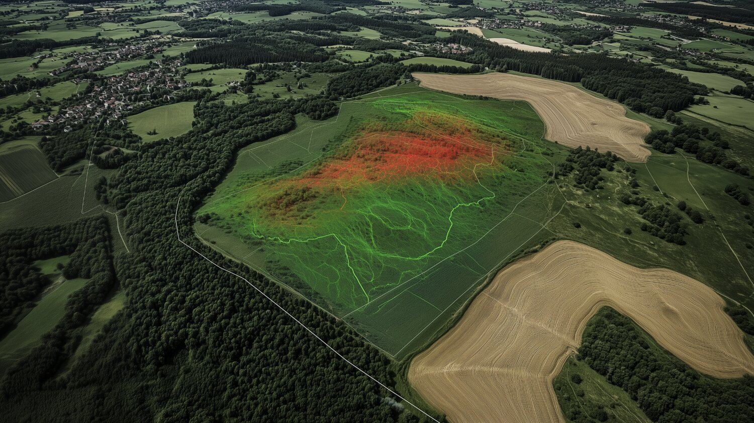 Aerial farmland with a green-red biodiversity heatmap overlaid on one field