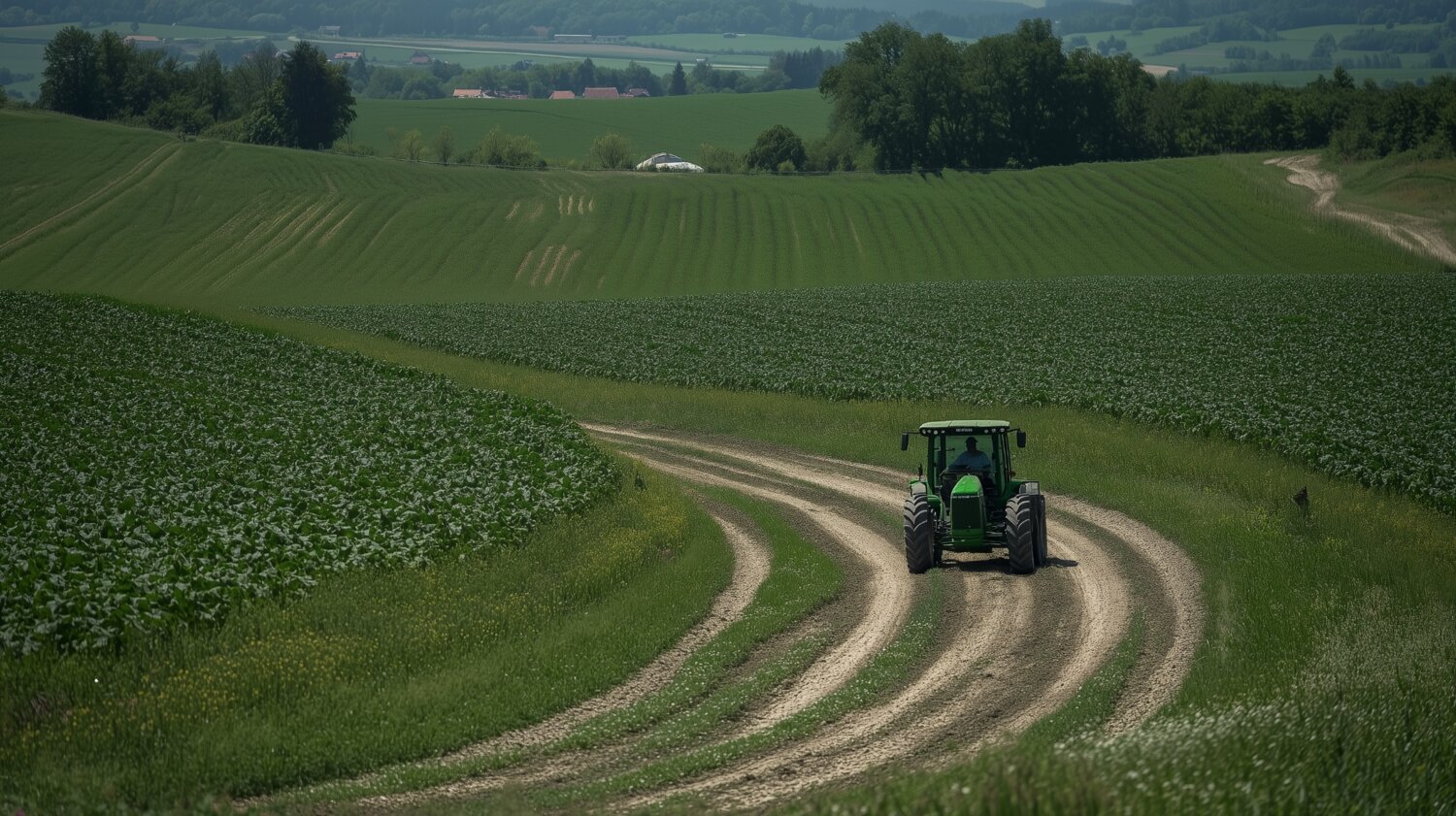 Green tractor on a curving track through green farm fields