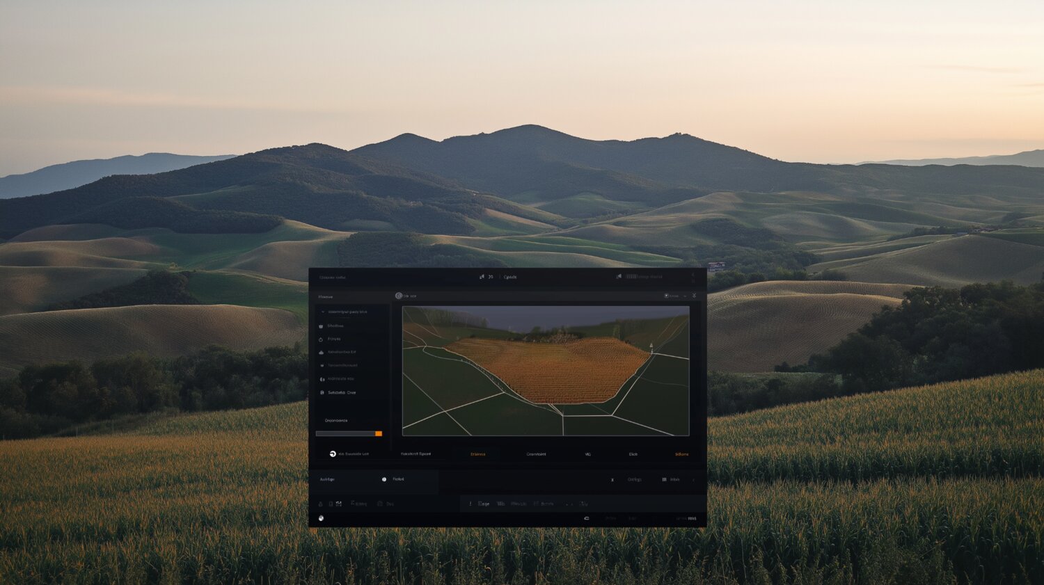 Selva dashboard window composited over rolling farmland at dusk