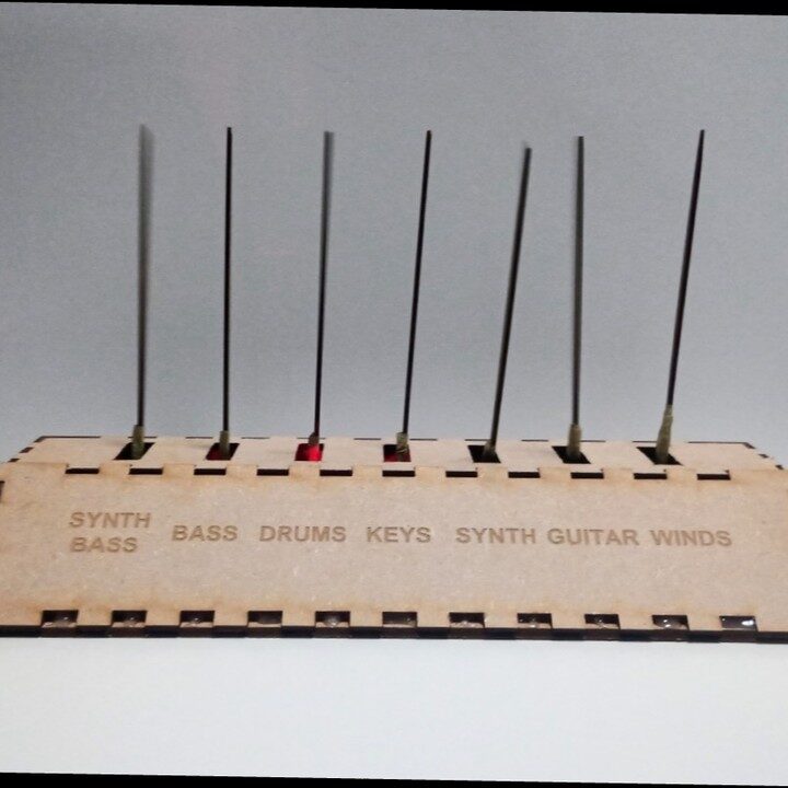 Seven tickers in the MDF base above engraved labels Synth Bass, Bass, Drums, Keys, Synth, Guitar, Winds