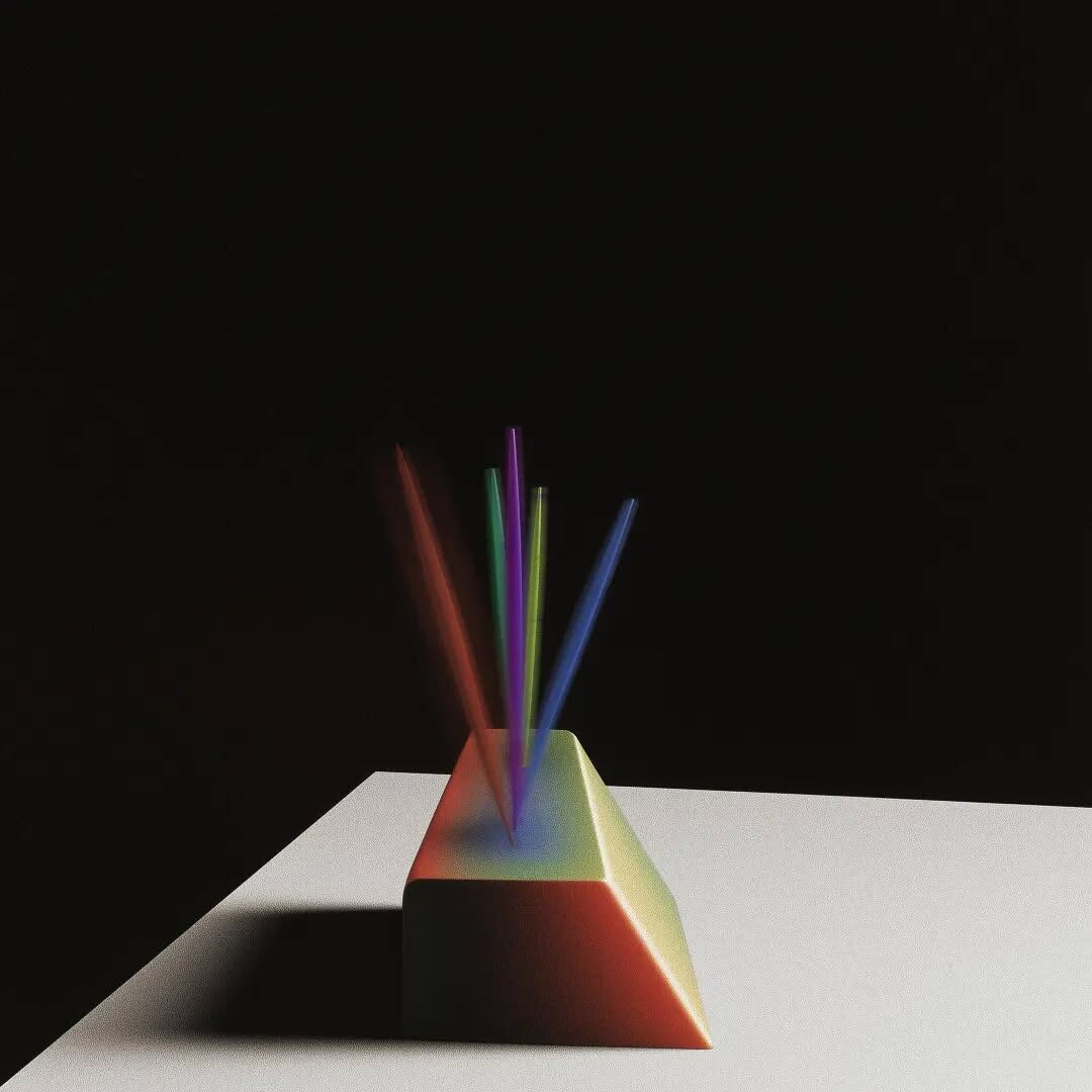 Square crop: rainbow wedge sculpture with colourful tickers blurred in motion against black