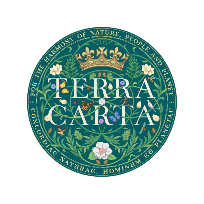 Terra Carta seal logo, green and gold with a crown and rose